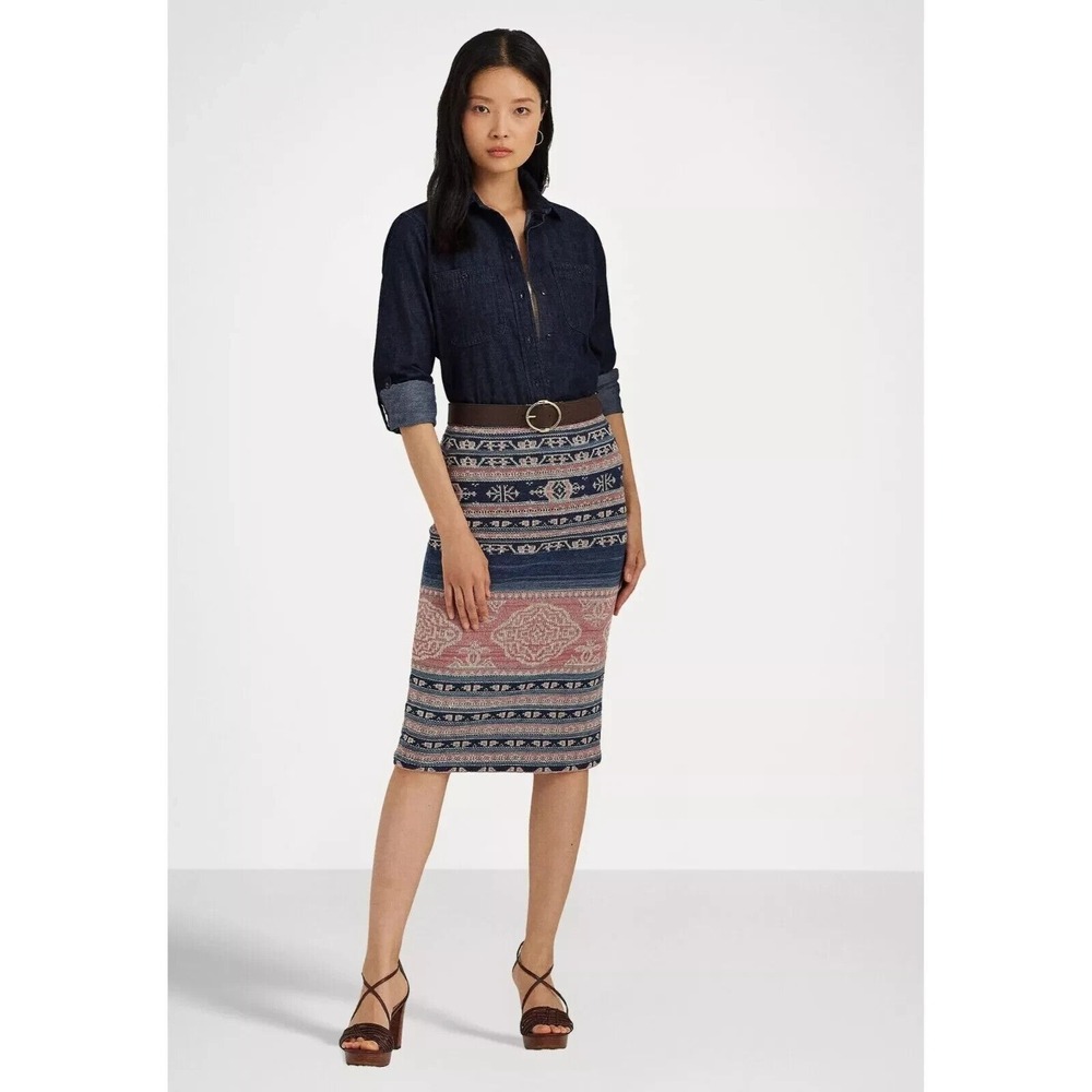 Ralph Lauren Skirt Geo Motif‎ Linen Cotton Pencil Southwestern Stretch Knit XS